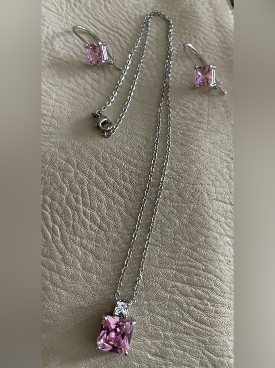 Jewelry - Pink Crystal Pendant Necklace and Earring Set - Silver Tone